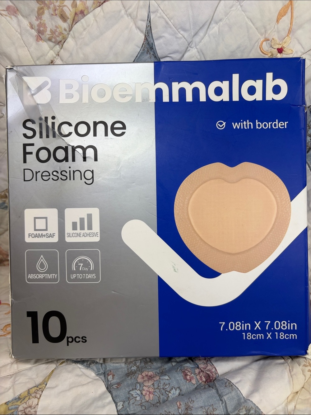 Bioemmalab Sterile Silicone Foam Dressing w/ Border 7.08x7.08in Box of 10 pcs